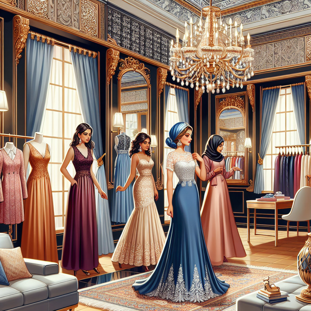 Imagine a vibrant scene set in a deluxe fashion boutique in New York City. This stylish shop is known for its exclusive wedding guest dresses. The shop has lavish dressing areas, plush sofas, chandeliers and mirrors everywhere. In the forefront, a South Asian woman is trying on an elegant royal blue gown adorned with silver detailing, while a Middle Eastern woman is checking out a peach, floor-length dress with delicate lace work. A Black woman is looking at a luxurious burgundy midi dress on the rack and a Caucasian woman is admiring a classic cream silk sheath dress hanging on a mannequin. Each dress exemplifies the exquisite taste and craftsmanship the boutique is renowned for.