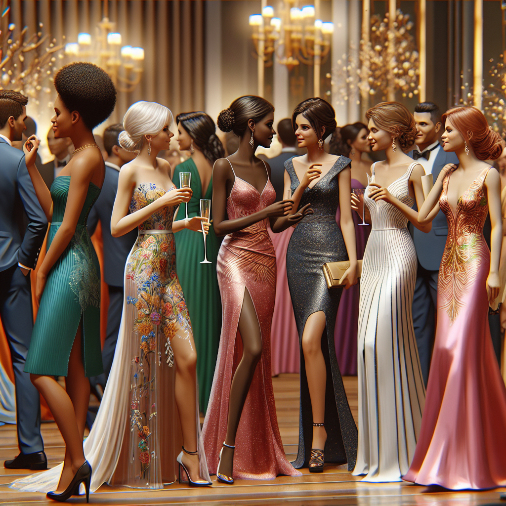 Find Stunning Wedding Guest Dresses Effortlessly Imagine a scene at a grand wedding reception. In the foreground, several guests of different descents such as Caucasian, Black, Hispanic, and South Asian are chatting and laughing. The focus should be on their stylish dresses that are elegant and striking. Some women are shown in floor-length gowns with intricate embroidery, while others are in cocktail dresses with vibrant colors and sleek designs. In the background, you can see the wedding decor, creating a warm and festive atmosphere. Capture this scene in a realistic art style, paying attention to the diversity of the guests and their eye-catching attire.