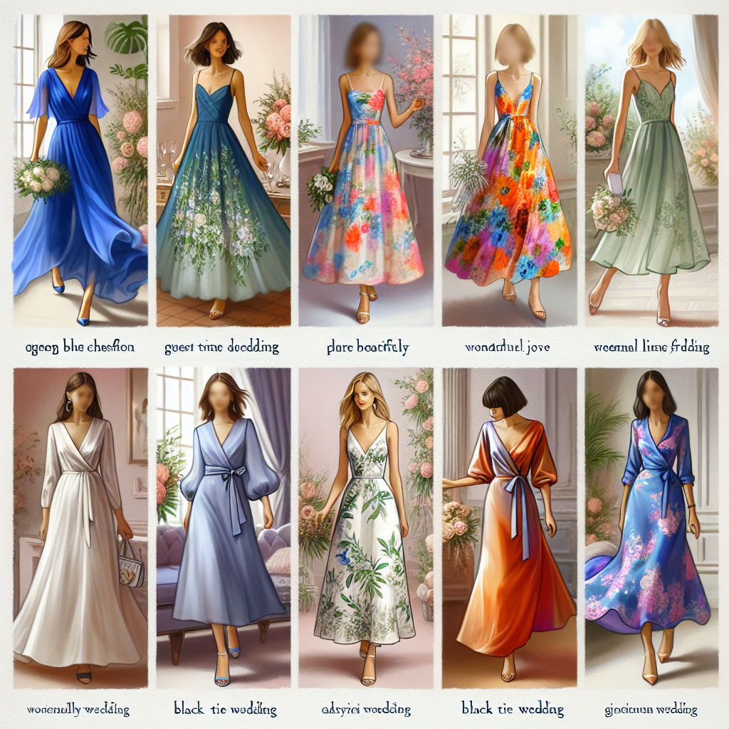 Discover Must-Have Guest Wedding Dresses Image capturing a set of unique guest wedding dresses on display. Each dress should depict different styles suitable for a wedding. The first dress is an elegant blue chiffon, draped beautifully, perfect for a formal evening wedding. The second one is a vibrant floral print midi dress reflecting pure joy, ideal for a daytime garden wedding. The third dress is a sophisticated black cocktail dress, in contrasts to usual white wedding attire, suitable for a black tie wedding. The fourth dress is a wonderfully lightweight, pastel linen dress for a casual beach wedding. Lastly, a jewel-tone silk wrap dress, glowing for an opulent cathedral wedding.