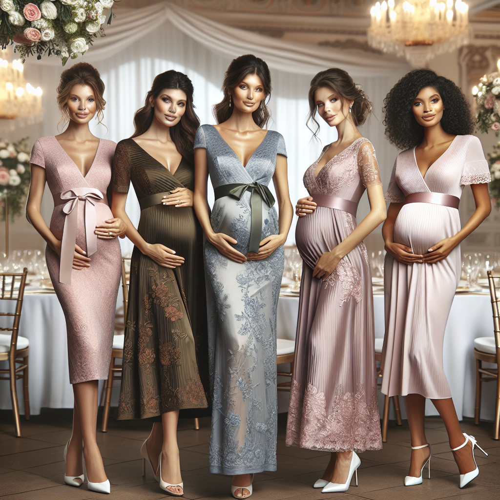 Elegant wedding guest dresses designed specifically for expectant mothers set against a romantic setting. Five different women each representing a different descent - Caucasian, Hispanic, Black, Middle-Eastern, and South Asian, model tasteful and fashionable maternity dresses in a variety of styles and colors suitable for a wedding occasion. The background is a softly lit ballroom with chandeliers, round tables covered with white tablecloths, and floral centerpieces. The atmosphere is warm and congenial, a scene of celebration and joy.