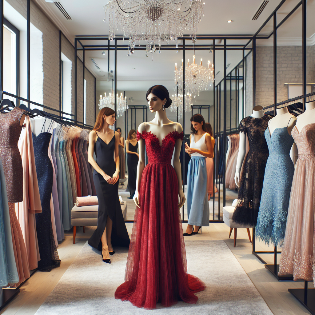 Find Stunning Wedding Guest Dresses Effortlessly A boutique store filled with various stylish and elegant wedding guest dresses. Racks lined with a range of dresses in different colors, fabrics, and designs. Floating mannequins displaying the latest trends in wedding guest attire, from a beautiful red floor-length silk gown worn by a South Asian woman, a chic navy-blue cocktail dress on a Caucasian woman, to a black lace knee-length dress on a black woman. A softly lit fitting room is visible at the back. Women of different descents are trying on the dresses, admiring themselves in large mirrors, their faces reflecting excitement and satisfaction.