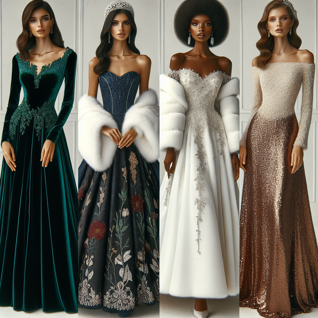 A stunning winter wedding scene showcasing four different female guests of various descents. The first woman is Middle Eastern wearing a gorgeous emerald green velvet A-line dress with long-sleeves. The second woman is Hispanic, donning a beautiful white, faux fur shawl over a navy blue, knee-length dress with silver embroidery. The third woman is Black, sporting an elegant red floor-length off-the-shoulder gown with subtle sequin details. Lastly, the fourth woman is Caucasian wearing a stunning gold sequin, long sleeve, knee-length dress. All four women are standing side by side, displaying their striking winter wedding outfits