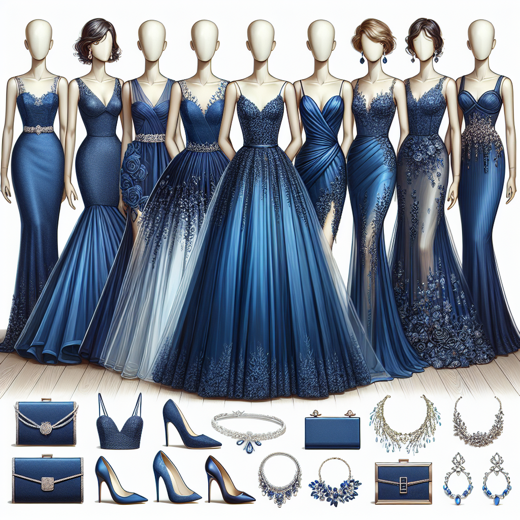 Visualize a set of spectacular cobalt blue dresses for wedding guests. Display each dress with a unique design, showcasing a variety of styles like A-line, mermaid, and cocktail dresses. Also, portray a range of chic accessories like silver necklaces, pearl earrings, statement bracelets, and elegant clutches paired with each dress. On a few mannequins of diverse descents, such as Caucasian and Hispanic, and body shapes, display the ideal combinations of the dresses with the accessories.