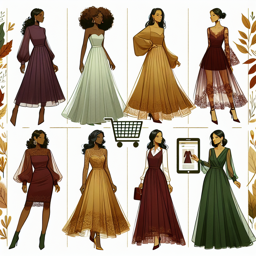 Illustrate a variety of ideal Autumn wedding guest dresses showcased in an online fashion catalog. Image should include four styles of dresses; a plumb knee-length dress modeled by a Black woman, a goldenrod maxi dress displayed by a Hispanic woman, a burgundy midi dress on a South Asian woman, and an emerald green A-line dress worn by a Middle-Eastern woman. Each dress should reflect elements of fall: rich, warm colors, sleeves or coverups for cooler weather, and perhaps elements of lace or chiffon. Use details such as a shopping cart icon or webpage frame to signify online shopping component.