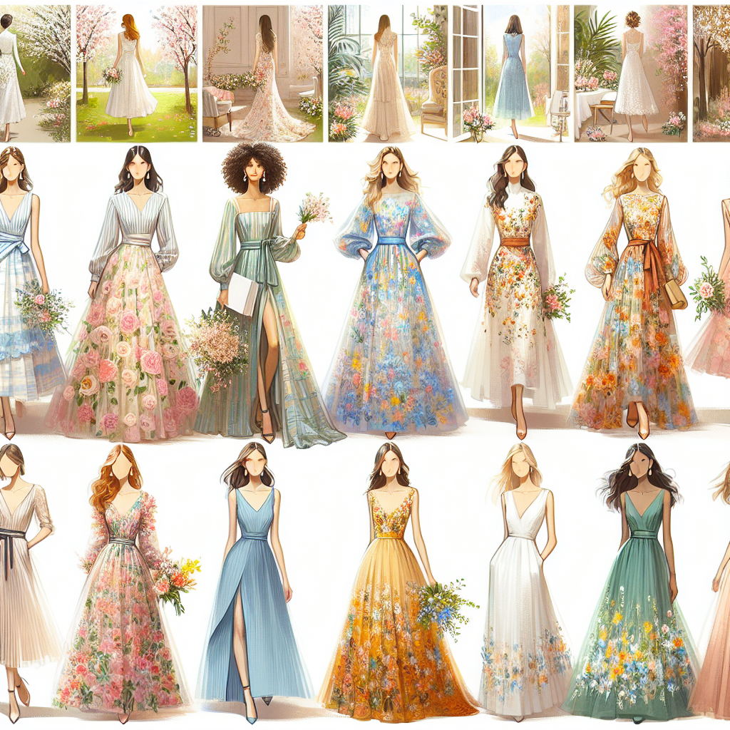 Must-Have Spring Wedding Guest Dresses: Shop Now! Create a fresh, vivid image of a selection of spring wedding guest dresses. Showcase a variety of styles such as short, long, floral, and pastel-colored pieces. Each dress should uniquely embody the spirit of spring, filled with blooms, soft hues, and delicate details. Also include a sunny outdoor background with blossoming trees and flowers that enhance the essence of the season. Let's add diversity by depicting dresses that would suit women of different descents like Black, Caucasian, Hispanic, Middle-Eastern, and South Asian. Each woman should be showcasing her dress with grace and elegance, presenting fashion-forward spring wedding guest attire.