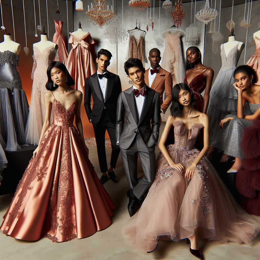 Imagine a setting from a sophisticated fashion magazine showcasing an outstanding display of stunning wedding guest dresses. A diverse group of models are presenting these exclusive finds. On one side, an Asian female model poses stylishly in an elegant coral silk gown with intricate lace embellishments. On the other side, a black male model radiates charisma in a sleek, charcoal grey suit paired with a chic wine red bow tie. In the middle, a South Asian non-binary model flaunts a lavish maroon velvet tuxedo dress. Scattered throughout the scene are other dresses - ranging from pastel summer dresses to bejeweled floor-length gowns, exemplifying wide-ranging styles and craftsmanship.