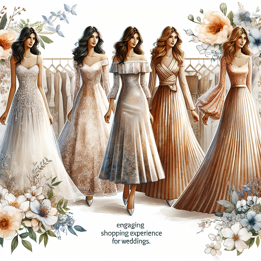 Imagine an engaging shopping experience for weddings. Visualize a variety of wedding guest dresses elegantly showcased against a background with whimsical floral patterns. The dress types range across several designs: a luminous off-shoulder dress donned by a South Asian woman, through a chic midi dress worn by a Middle-Eastern lady, to a classic wrap dress fitting a Caucasian woman perfectly. Employ a detailed, realistic style and include some pops of strategic color to represent the variety of tones the dresses come in. All should exemplify style, sophistication, and a sense of being the perfect fit for diverse body types.