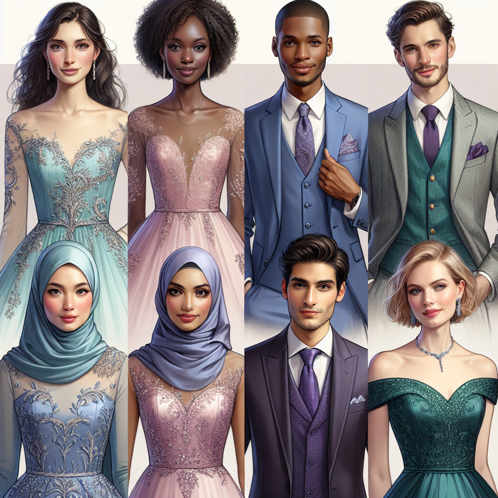 Find Stunning Modest Wedding Guest Dresses Create a selection of diverse individuals wearing stunning yet modest wedding guest dresses. We'll start with a South Asian woman dressed in a delicate aqua chiffon a-line dress with intricate silver embroidery, followed by a Black woman in a romantic blush pink lace gown with a sweetheart neckline. Next, a Middle-Eastern man is dressed in a tailored sapphire blue suit with intricate gold brocade details, followed by a Hispanic woman in an elegant emerald green satin gown with a modest boat neckline. Finally, a Caucasian man dressed in a refined charcoal tailored suit with a violet tie completes the image, making it a perfect representation of inclusivity and diversity.