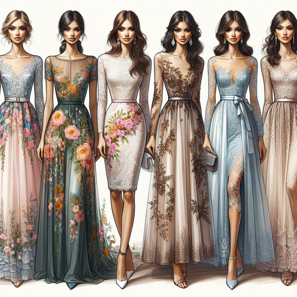 Stunning Wedding Guest Dresses: Find Your Perfect Match Depict a variety of stunning wedding guest dresses designed for different seasons and types of weddings. Begin with a sleek summer dress, preferably designed with bright floral patterns. Move next to a sophisticated autumn dress, saturated in rich, earthy tones. Then, a chic, cozy winter dress, possibly with faux fur elements. Lastly, a fresh spring dress, in pastel shades with subtle lace details. Each dress should reflect the exquisite beauty of the wearer, be it a slim Caucasian woman, a strong-bodied Hispanic woman, a South Asian woman with curvy figure, or a Black woman with an athletic build.
