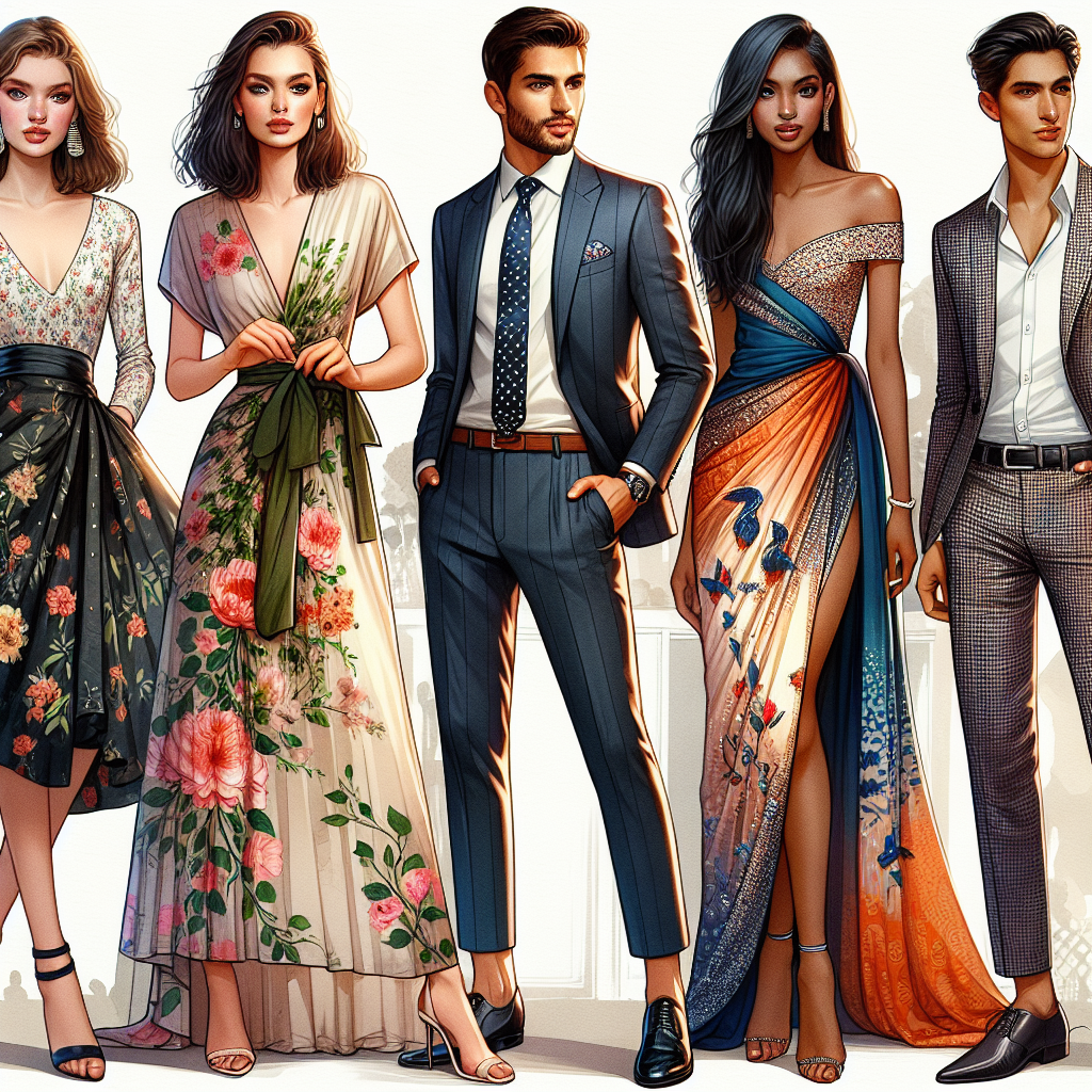 Visualize a stunning array of wedding guest dresses that cater to all styles and tastes. Picture five fashionable individuals showcasing these designs. First, imagine a Caucasian woman wearing a sophisticated knee-length dress in floral print. Second, visualize a Middle-Eastern man in a tailored suit with a playful necktie. Third, see a Black woman in a vibrant, flowy maxi dress with delicate beadwork. Next, picture a South Asian woman in an elegant silk saree with intricate patterns. Finally, envision a Hispanic man in a sleek blazer and trousers paired with a crisp white shirt displaying unique fashion for every style of wedding.