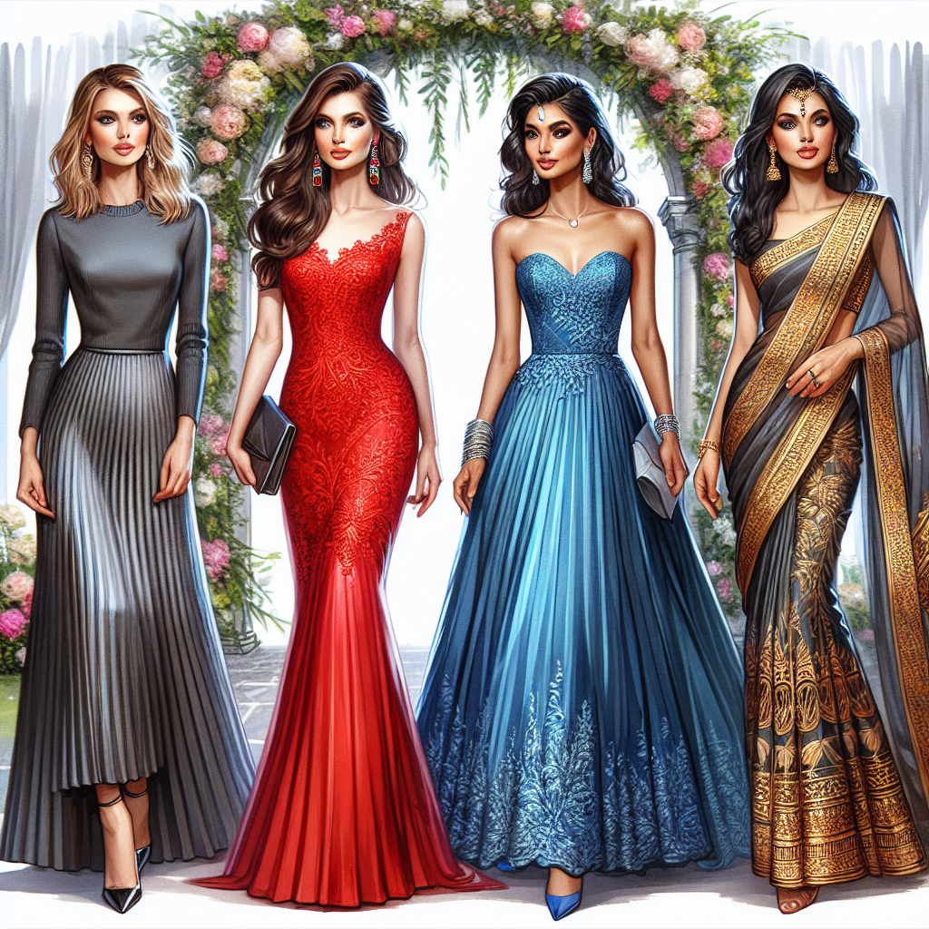 Stunning Wedding Guest Dresses for a Perfect Season Beautiful wedding attire is always a welcome sight at matrimonial celebrations. Paint an elegant image showcasing four women with different descents showcasing their stunning wedding guest dresses. One woman of Caucasian descent dressed in a chic, slate gray, pleated dress. A Hispanic woman dazzling in a bright red, fitted gown with delicate lace detailing. A third, a Black woman, clad in a royal blue, strapless, floor-length dress with intricate beading. Lastly, a South Asian woman in an intricately designed golden, saree, reflecting her cultural heritage. Add in a lush, flower-covered archway in the background, signifying the ceremonial setting.