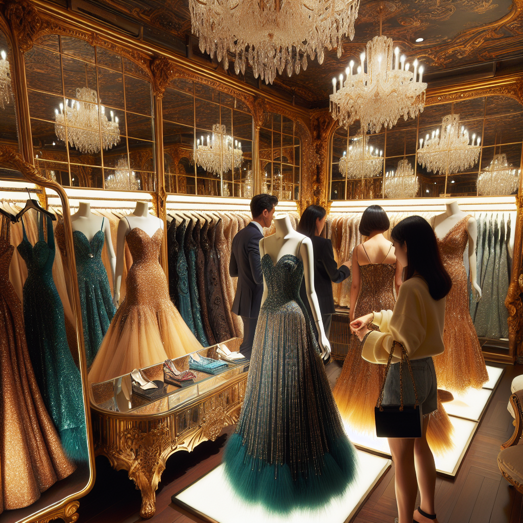 Imagine walking into a spacious, opulent boutique filled to the brim with rows upon rows of vibrant wedding guest dresses. The dresses, of diverse styles and designs, hang elegantly on gilded racks, each one possessing its own unique charm. There's an Asian woman, in her mid-thirties, holding a shimmering teal dress with sequin embellishments. Nearby, a white man in his early forties is consulting the sales clerk, a young Middle-Eastern woman, about a classic black and gold cocktail dress. Impressive, ornate mirrors are positioned strategically, reflecting customers trying on outfits. The lighting is warm, adding a touch of sophistication and glamour.