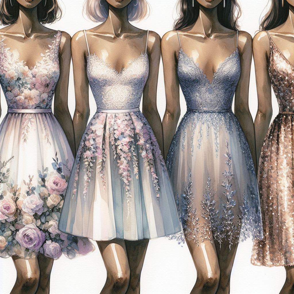 Create a detailed montage of four different silhouettes of wedding guest dresses, each worn by a woman of a different descent. The first dress features soft watercolor florals, worn by a Middle Eastern woman. The second dress captures the romanticism of pastel lace, worn by an Asian woman. The third dress, worn by a Hispanic woman, displays the elegance of a satin slip design. The last dress, adorned with shimmering sequins, dresses a Black woman.
