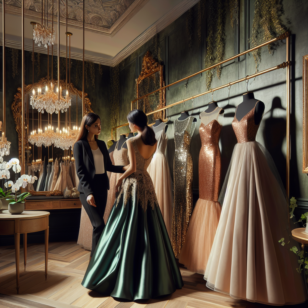 Find Stunning Wedding Guest Dresses Here! Imagine an elegantly composed scene in a high-end boutique that specializes in wedding guest attire. The boutique features a variety of exquisite dresses hanging on muted gold fixtures. One dress, in particular, stands out - an emerald green, floor-length gown made from satin, with intricate lace detailing at the back. Another dress, a cocktail length dress in champagne color with brilliant sequins, glitters under the warm lighting. A sales assistant, a competent looking Middle-Eastern woman wearing a stylish black suit, is helping a South Asian female customer make a selection. The customer is visibly amazed by the stunning collection around her. The boutique's interior is tastefully decorated with potted orchids and framed, baroque-inspired mirrors on ivy-green walls.