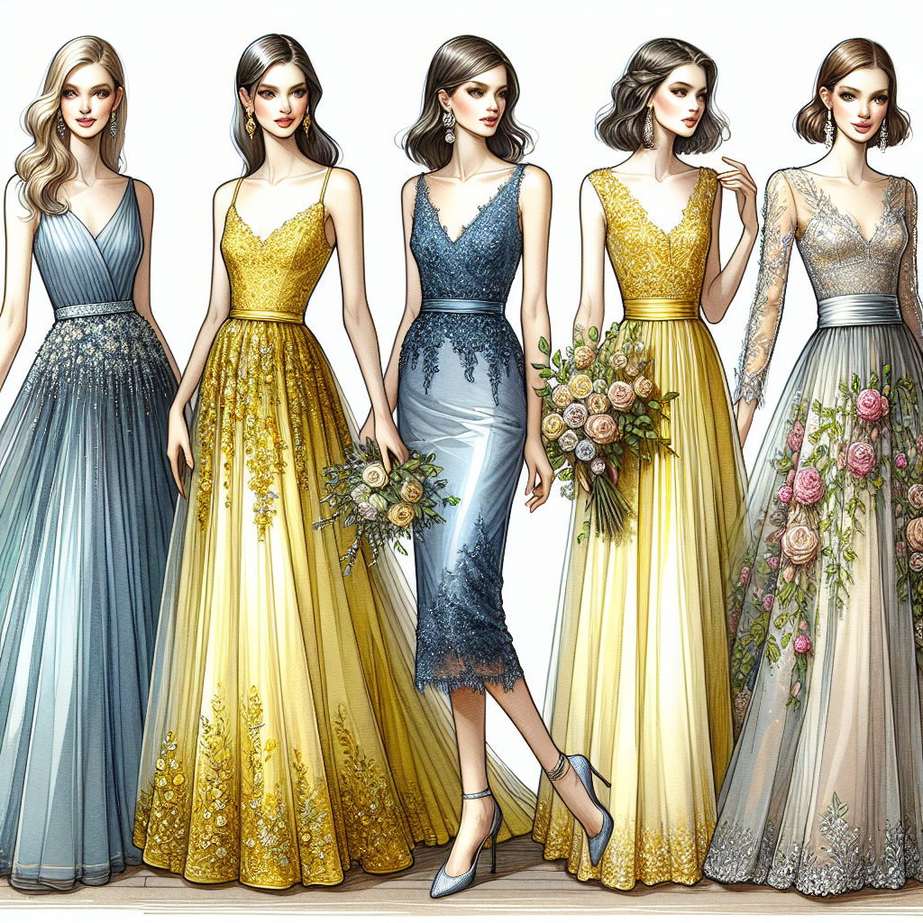 Stunning Wedding Guest Dresses: Best Picks Design an amiable collection of stunning wedding guest dresses, each boasting its unique flair. Show about six different dress styles, ranging from elegant, full-length gowns in a cool sapphire blue to charming knee-length dresses in vibrant, sun-flower yellow. The dresses should have intricate details like lace accents, sequin embellishments, or floral prints. Also, depict them on flattering body forms to truly bring out their elegance. The background should be neutral to let the dresses capture the viewer's attention. Keep the atmosphere refined and festive, as if capturing the elegance of a gala wedding event.