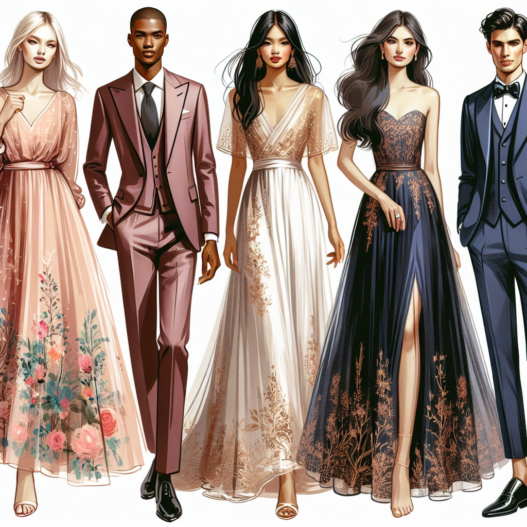 Discover Stunning Wedding Guest Dresses Online Imagine an online fashion store displaying a diverse range of stunning wedding guest dresses. There are five different designs. An Asian woman is depicted in a breezy pastel peach floral dress, next to her is a Black man gracefully carrying a classic deep navy three-piece suit. A Middle Eastern woman dons an elegant gold embroidered maxi dress while a Caucasian man stands in an alluring dark sapphire tuxedo. A South Asian woman is represented in a chic maroon velvet dress. Each design showcases unique details and finesse, capturing the essence of fashion at its finest.