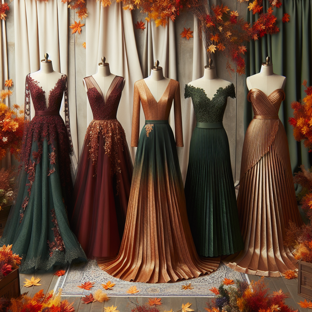 Stunning Fall Wedding Guest Dresses: Exclusive Picks! Imagine a breathtaking display of four through various autumn-themed dresses designed for wedding guests. The first dress is a deep merlot color with an elegant, floor-length silhouette, tastefully adorned with lace. The second is a calf-length dress in burnished gold, accentuated by a shimmering fabric. The third dress is a forest green tea-length dress with a classic pleated design. The final dress is an off-shoulder dress in a muted orange hue, with a cascading hemline that embodies the essence of fall leaf fall. This display captures the diverse and stunning options for fall wedding guest attire.