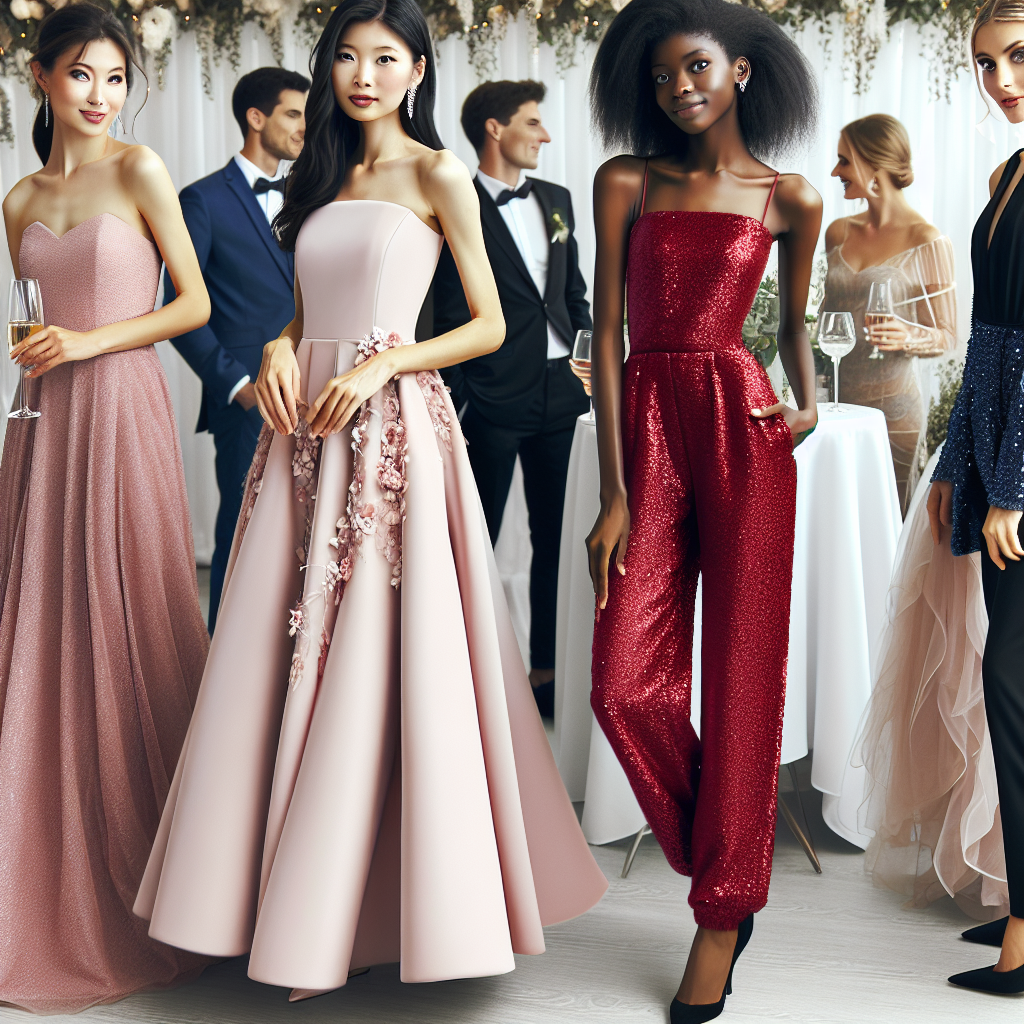 Must-Have Wedding Guest Dresses: Timeless & Trendy Picture an elegant scene at a wedding reception. In the scene, an East Asian woman is wearing a timeless floor-length A-line gown in soft pastel pink with delicate floral accents. An African female guest is in a trendy jumpsuit in ruby red with sequin detailing. An Caucasian woman is beautifully dressed in a classic little black dress – an eternally chic option for weddings – while a Hispanic man looks dapper in a navy-blue formal suit. These guests are socializing and their fashionable choices reflect a blend of timeless and trendy style, perfectly complementing the festive wedding ambiance.