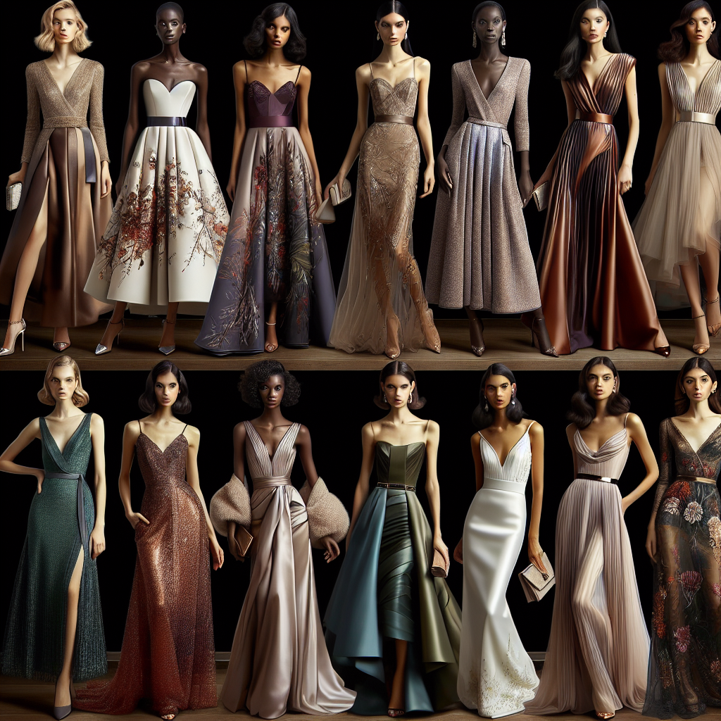 A curated fashion showcase featuring a variety of best picks for stunning wedding guest dresses. The dresses vary across different styles and design trends - with sleek, long evening gowns, elegant cocktail dresses, and stylish midi dresses. Some of the pieces stand out with beautiful earthy tones, while others are more vibrant with jewel-like colors. Display a diverse group of models showing off these dresses, each of different ethnicity and body shape, to demonstrate the versatility and appeal of these styles.