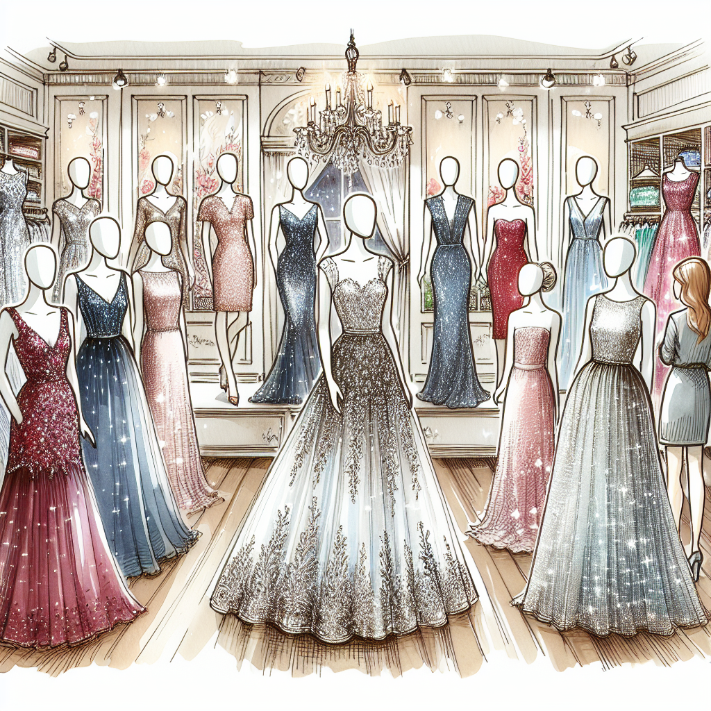 Drawing of a beautiful fashion showroom filled with dazzling wedding guest dresses on mannequins. Show differences in styles, lengths, and formality to suit varying wedding themes. One area of the showroom is dedicated to floor-length gowns of regal hues like deep sapphire and ruby-red. Another area showcases dainty cocktail dresses in shades of blush and champagne. The centerpiece of the room is a sophisticated sheath dress in shimmering silver, designed with intricate embroidery and a graceful silhouette. The showroom is also populated by shoppers of diverse descents and genders, each inspecting and trying on dresses, imagining themselves at a delightful wedding celebration.