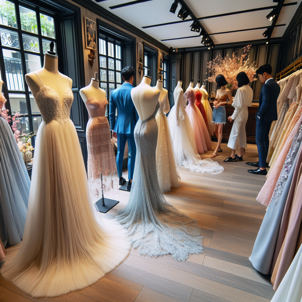 A fashion display showcasing a wide range of exquisite wedding guest dresses in Vancouver. The scene is beautifully set up in a charming boutique, with rows of mannequins dressed in elegant gowns. These dresses vary in style and color, capturing different seasonal trends. A few of them have long sleeves while others are strapless. There are flowing silhouettes for those favoring a romantic look, as well as fitted dresses for a modern appeal. Among the guests trying on dresses, there's an Asian woman wearing a pastel lace dress and a Black man elegantly fitted in a dusk blue suit.