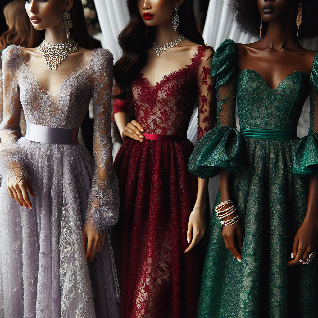 Stunning Wedding Guest Dresses: Must-Wear Styles! A stunning display of wedding guest dresses in various elegant styles. On the left is a Caucasian woman wearing a long, lavender lace dress accessorized with a pearl necklace. In the center, an Asian woman clothed in a graceful emerald green, knee-length dress paired with diamond earrings. On the right, a Black woman is outfitted in a classy red gown with long, frilly sleeves, accompanied by gold bangles. The atmosphere emits an air of sophistication, grace and style.
