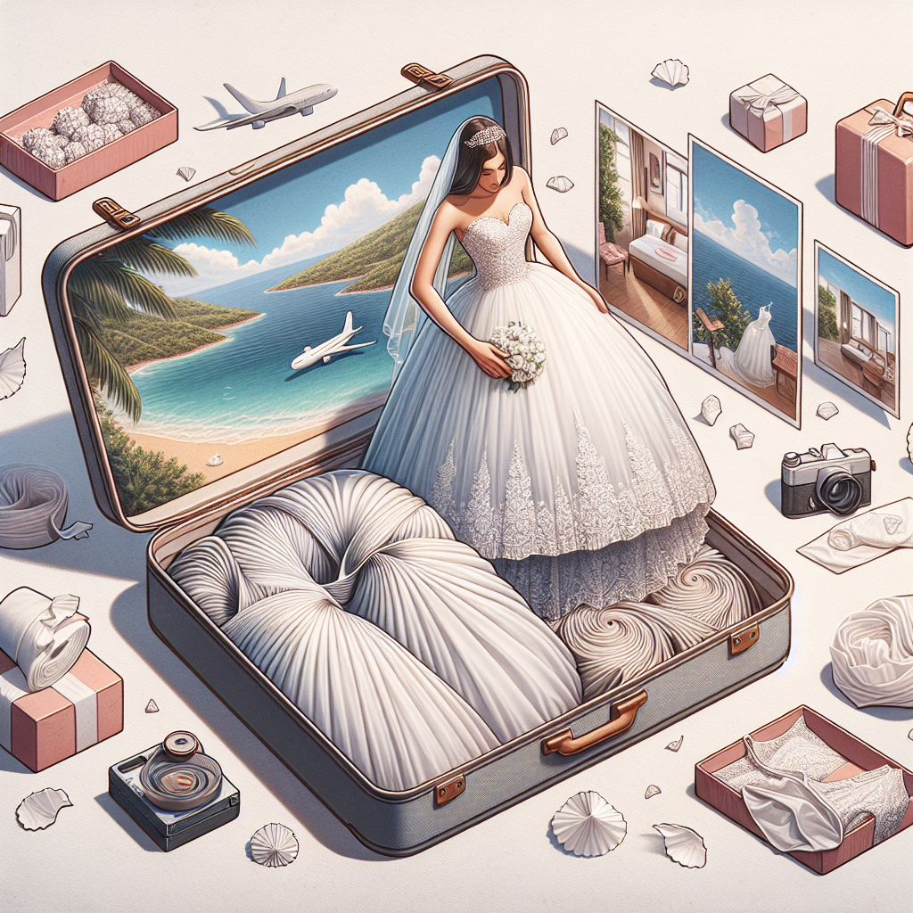 A complete guide creating scenario showcasing the process of packing a wedding dress. It is an ultimate packing masterpiece. In the left foreground, focus on an open, spacious suitcase sitting on a bed surrounded by delicate tissue paper. In the center, a bride of Arab descent, holding a beautiful, elegant white wedding gown, neatly folding it into the suitcase. The bride's determination and excitement echoing through her eyes. The right side showcases a blissful destination - perhaps a balmy beach or exotic countryside. This scenario represents tranquility and excitement in harmony, offering tips for destination wedding packing.