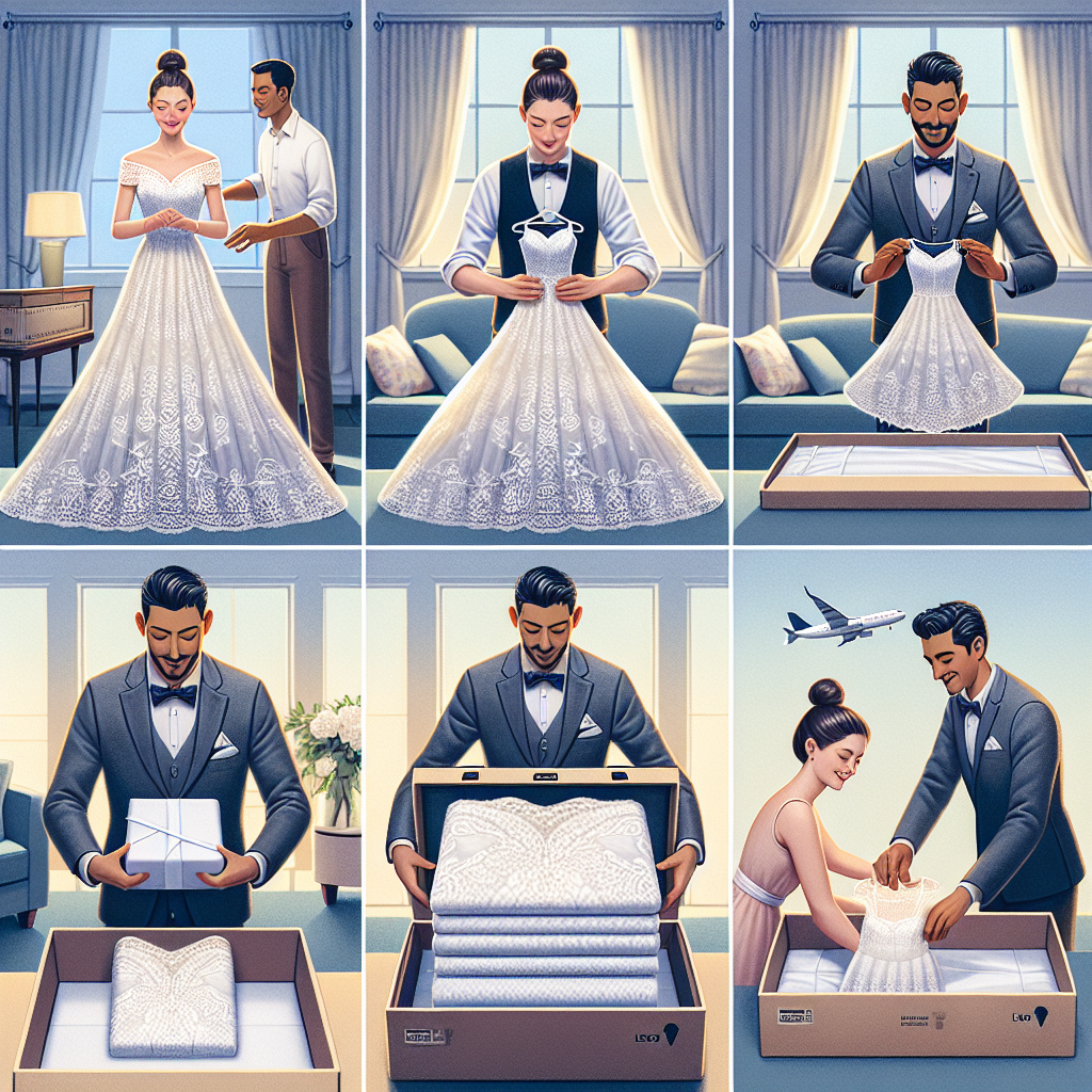 A step-by-step visual guide to packing a wedding dress for travel. The first image features a Caucasian woman gently folding a white, lacy wedding dress. The second image shows a Hispanic male neatly placing the folded dress into a specially-designed box, with layers of acid-free tissue paper in between the folds. The third image reveals the secured dress within the box, ready for transportation, handled by a South Asian woman. The background is a well-lit, elegantly decorated room, adding to the serenity and excitement of the event. Please ensure all individuals display professionalism and care while handling the dress.