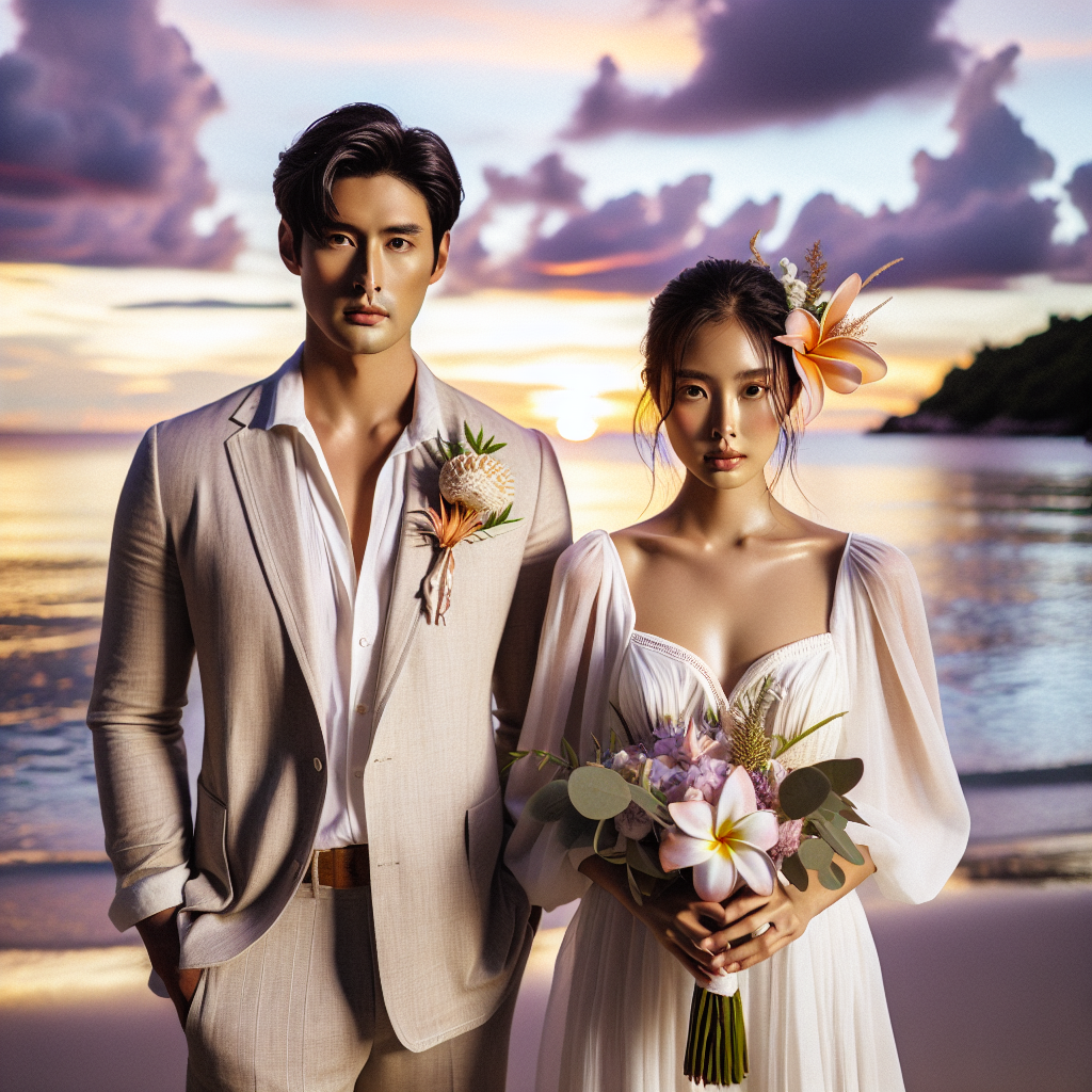 Stunning Beach Wedding Attire: Effortless Guide Envision a breathtaking beach wedding scenario during sunset. In the foreground, a man, dressed in a light khaki suit with an open-collared white shirt stands, holding a bouquet of tropical flowers. On his side, a woman dons a simple yet elegant summer wedding dress, her hair adorned with a few sea shells. Both individuals of Asian descent, they exude an aura of serene joy. The backdrop reveals the sun setting over the tranquil sea, coloring the sky with hues of purple, orange, and pink. This picturesque scene encapsulates the essence of effortless beach wedding attire.
