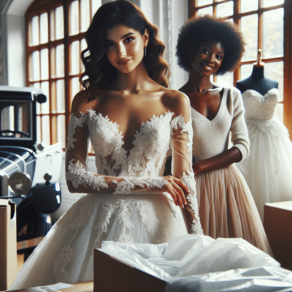 An image showcasing a detailed scene in a gentle and elegant mood. Two women, one a Middle-Eastern bride in a stunning white wedding dress adorned with intricate lace patterns and delicate pearl embellishments, and another African-American woman who appears to be a professional dress transporter with a warm and reassuring smile. They stand in a carefully arranged room with visible protective garment bags, sturdy boxes, and tissue papers, revealing the process of packing up the beautiful dress. Through a window, a vintage style transportation vehicle, perhaps an old-fashioned carriage or a classic car, waits outside in anticipation.