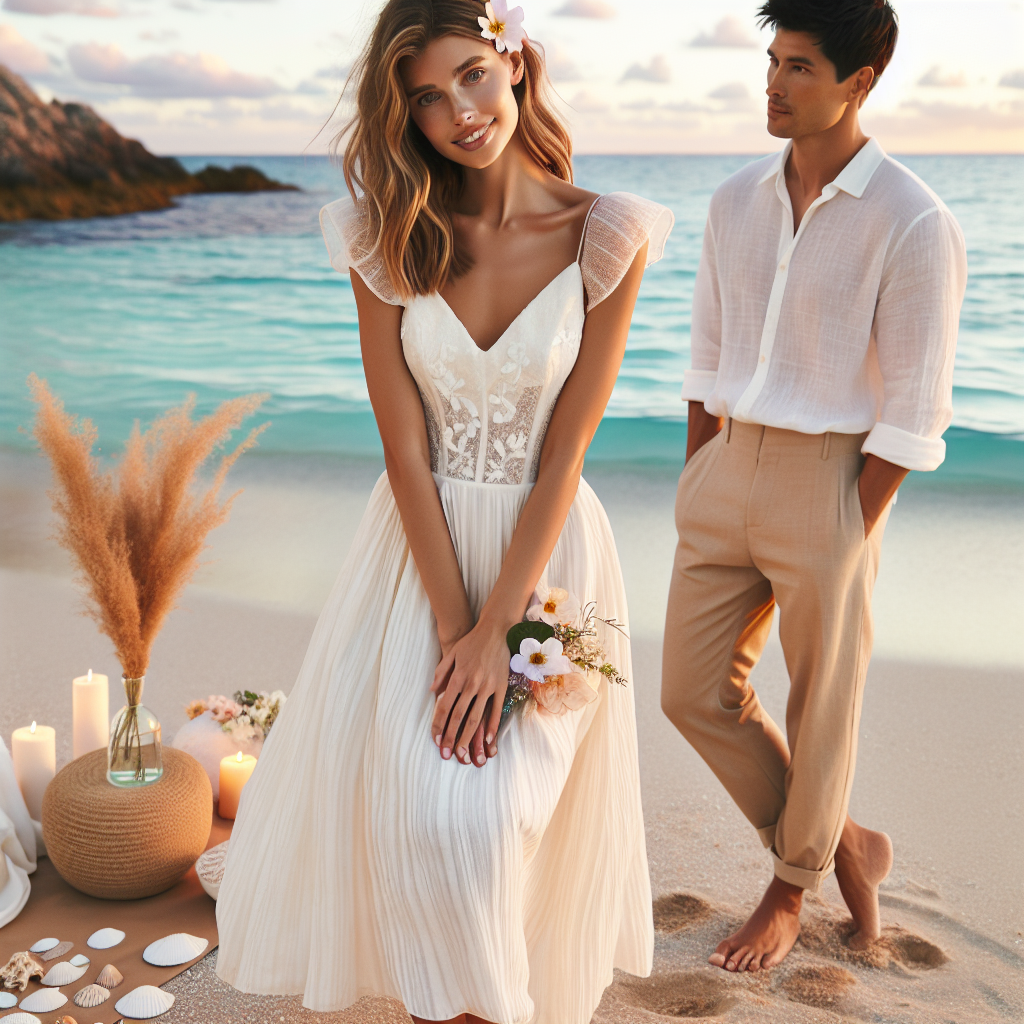 Destination Wedding Dress Tips: Effortless & Essential Guide Imagine a romantic, breezy beach scene with a Caucasian bride wearing an elegant white casual wedding dress, perfect for travel. The dress has a flattering A-line silhouette with a floral lace overlay, short cap sleeves, and a delicate v-neckline. She is standing gracefully by the aquamarine sea, toes happily buried in the golden sand. Her groom, an Asian man, is admiring her from a few steps away, casually dressed in a crisp white linen shirt and matching breezy khaki pants. Their destination wedding decor is tastefully minimalistic with pastel flowers and seashells surrounding them. The sunset colors set a magical warm ambiance.