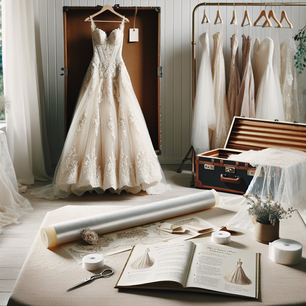 Ultimate Guide: Effortlessly Pack Your Wedding Dress Picture this: a calming atmosphere with soft, natural lighting. In the center, there's a beautifully detailed wedding dress hanging from a wooden hanger, possibly an intricate A-line or mermaid style dress with delicate embroidery and lace detailings. On a table nearby, you notice a step-by-step written guide on satin paper laid neatly, it's titled 'Effortlessly Pack Your Wedding Dress'. The instructions include things like arranging tissues, rolling the dress, utilizing a dress bag and so on. The surrounding area has packing materials like plastic wrap, tissue paper, and a trunk-style suitcase open and ready.