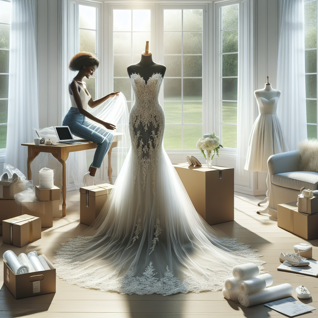 Visualize a serene setting where a beautifully designed wedding dress is being prepared for shipping. The dress is displayed on a mannequin against a backdrop of soft light filtering in from a bay window. The luxurious bridal gown is embellished with delicate lace and intricate crystal beading, the long train pooling elegantly at the base. Nearby, a variety of packing materials like breathable garment bags, tissue paper, and sturdy boxes are neatly arranged. Also, a bride-to-be of Black descent is smiling with anticipation as she inspects the dress before sending it off. Capture the feeling of careful preparation and joyful expectation.