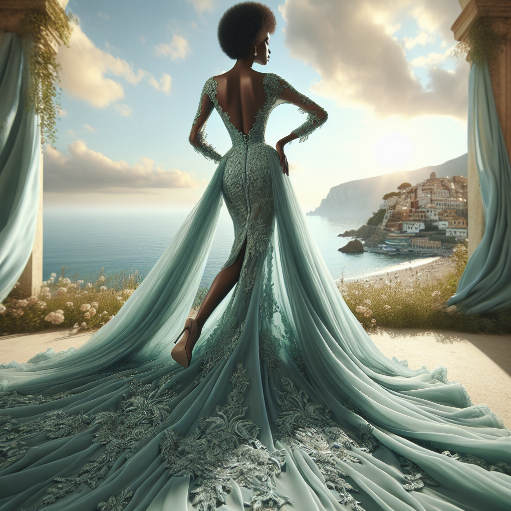 Visualize an elegant scene at a destination wedding. The perspective is focused on a wedding guest's attire. This guest possesses enormous elegance, standing out from the crowd. She is a middle-aged, black woman with grace and style. Her dress is a magnificent seafoam green, floor-length gown that subtly glimmers in the natural light. Featuring intricate lace details, an open back, and a flowing train, the dress merges traditional and contemporary design elements. Complete the scene with beautiful scenic backdrops typically found at destination weddings such as a beach at sunset, a vineyard, or a castle.