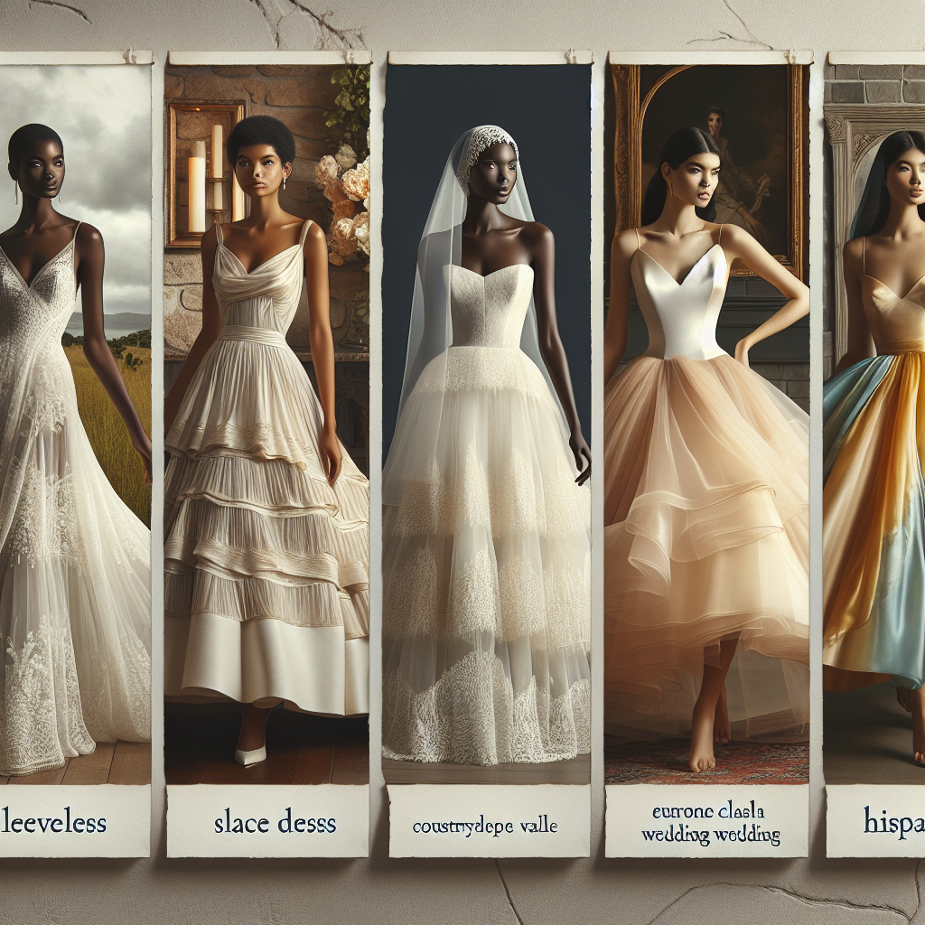 Envision a setting where wedding dresses designed for different destinations are on display. Imagine a sleeveless, lace gown styled perfectly for a beachside ceremony, worn by a Black woman. Gaze upon a silk dress designed with intricate layers ideal for a countryside wedding on a middle-eastern woman. Visualize a vintage inspired wedding dress tailored for a European castle wedding, on a Hispanic woman. Lastly, a bright chiffon wedding dress meant for a tropical island wedding worn by a South Asian woman. Display these diverse designs in soft, romantic lighting.
