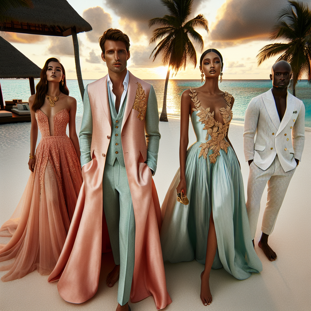 An elegant, high-fashion scene at a destination wedding. A Middle Eastern woman is wearing a floor-length, coral pink, silk chiffon gown paired with gold jewelry. Next to her, a Caucasian man is donned in a chic, mint-green linen suit contrasting the warmth of the sand. A black woman, showcasing a stylish ice-blue, knee-length dress exhibiting the finest embroidery, adds to the luxurious ambiance. On the far side, an Asian man in a classic white seersucker suit appears ready to celebrate. The breathtaking coastal backdrop, the palm trees, azure seas, and setting sun form a truly serene atmosphere.