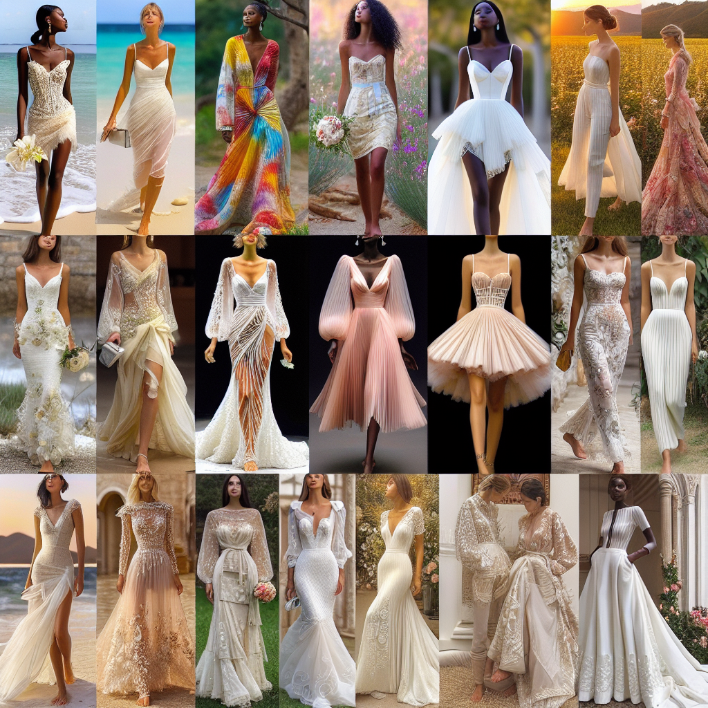 Imagine a diverse display of destination wedding dresses, resplendent with unique designs suitable for different locations. Picture a flowing, beach-themed dress with seashell accents, designed for a woman of Latina descent. Then, envisage a sleek, light, short dress in vivid colors, chosen by an African-American woman for a garden wedding. Next, imagine a delicate dress in blush pink, embraced by a Middle-Eastern woman for a vineyard ceremony. Lastly, envision a minimalist white gown with intricate details, selected by an Asian woman for a chic city wedding. All these choices are stunningly beautiful and comfortable, epitomizing effortless elegance.