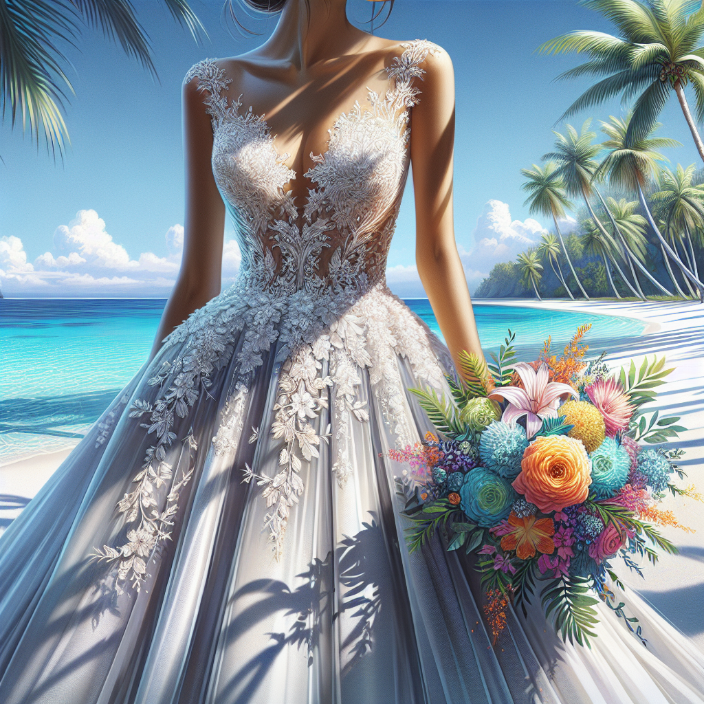 Stunning Tropical Destination Wedding Dress: Must-Have Elegance A detailed, high-resolution illustration capturing the essence of a stunning tropical destination wedding. Focal point should be a profoundly elegant wedding dress. The dress, bathed in soft light, is a vision of delicate lace and intricate beadwork. The hem of the dress skims the white sand of a pristine beach, while the crystal-clear azure sea provides the perfect backdrop. Palm trees swaying gently in the sea breeze cast dappled shadows across the scene. The bride is an Asian woman with her hair done up in a stylish updo, adorned with delicate tropical flowers, holding a vibrant, colourful bouquet of tropical blooms.