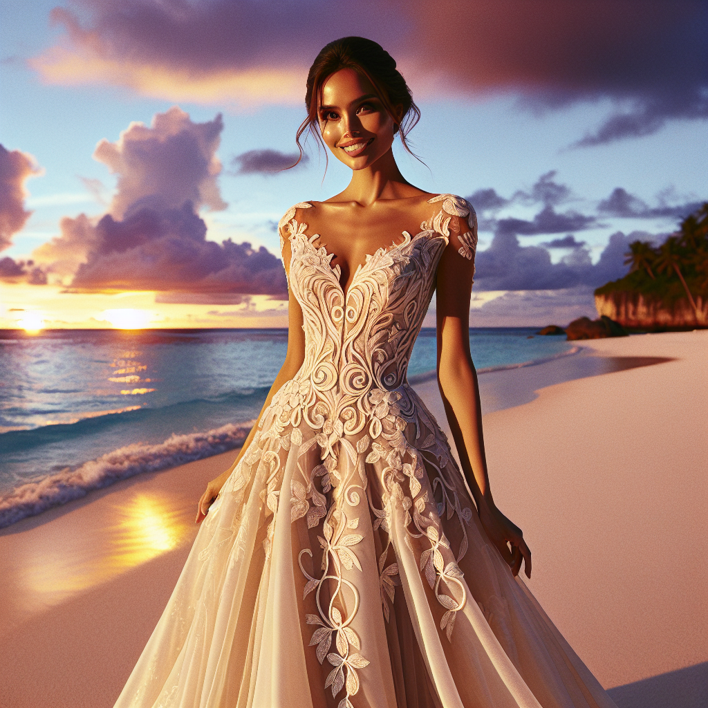 Picture a tropical beach wedding scene at sunset, the azure sky painted with hues of orange and purple. An elegant woman, of South Asian descent, the mother of the bride, is standing on the soft, tan-coloured sand. She is dressed in a meticulously tailored wedding dress, made of ivory silk that shimmers under the fading sun. The dress has a flattering empire waist and a flowing skirt adorned with delicate, winding patterns of intricate lacework. Her angled face epitomizes grace, and her smile gleams with pride and joy, reflecting the beautiful love-filled spectacle unfolding around her.