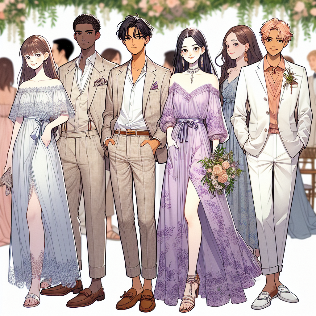 An anime represents a scene at a destination wedding. The main focus is on the guests' attire, specifically what's considered the absolute must-have styles for such an event. To the left, a Caucasian woman wearing a light blue flowy chiffon dress, flaunting an off-shoulder style and intricate lace details. Next to her, a Black man is dressed in a chic beige linen suit matching with a white shirt and brown loafers, embodying a casual yet refined look. Further right, a South Asian woman is enhancing the beauty of a destination wedding in her lavender-colored maxi dress with floral prints. Besides her, a Middle-Eastern man in an elegant white suit, with a coral-colored handkerchief peeking out of his pocket, exudes sophistication. To summarize, a diverse group of people dressed up in must-have styles for a destination wedding.