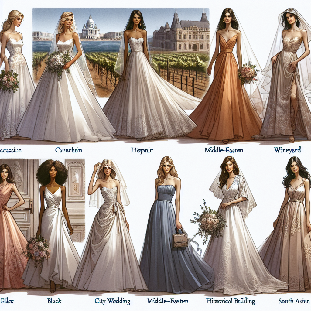 Create an image showcasing a range of stunning dresses designed for attending destination weddings. The scene should include five different models, each of a different descent: Caucasian, Hispanic, Black, Middle-Eastern, South Asian. Each model is showcasing a unique, sophisticated dress style suitable for a beach wedding, a wedding in a vineyard, a city wedding, a mountainous outdoor wedding, and a wedding in a grand historical building. The dresses should appear comfortable yet fashionable, made from lightweight, breezy materials for the beach wedding to more formal, elegant styles for the city and historical building weddings. Keep the variety in textures, colors and silhouette details.