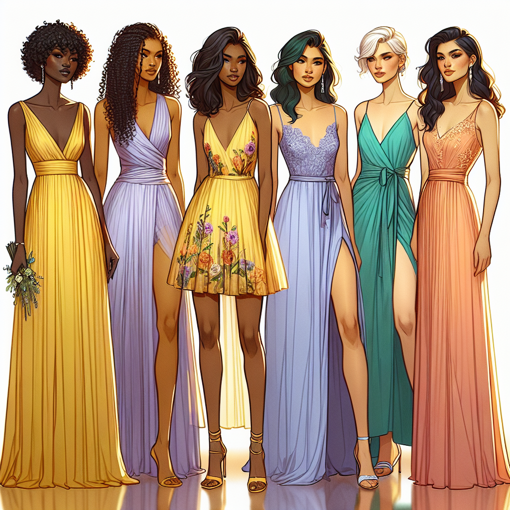 Envision a diverse group of women, each of differing descent such as Black, South Asian, and Hispanic, attending a beach destination wedding. The first woman, a Caucasian descent, is wearing a floor-length chiffon gown in sunflower yellow. The second woman, of South Asian descent, is styled in a calf-length lavender dress spruced up with floral patterns. The third woman, of Black descent, is dressed in a turquoise mini dress with lace detailing. Lastly, the woman of Hispanic descent is seen in a coral pink maxi dress with an elegantly draped skirt. Their dresses are all airy, flowing, and perfect for a beach setting.