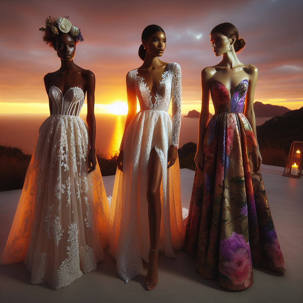 A luxurious outdoor setting bathed in the glow of an awe-inspiring sunset. Three brides stand side by side, each showcasing a different style of wedding dress. The first bride, an African descent woman, is elegantly dressed in a vintage-inspired lace gown, her hair adorned with flowers. The second bride, an Asian descent woman, reveals a modern minimalist dress with exquisite detailing, her hair in a stylish updo. The third bride, a Caucasian woman, proudly wears a colorful bohemian style gown, her hair loose and flowing. Their dresses symbolize unique destination wedding possibilities, a feast for the eyes, and an inspiration for the soul.