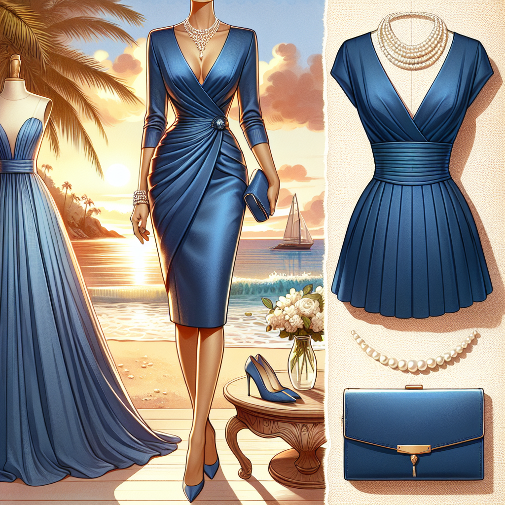 Create a detailed image that visualizes an elegant outfit for the mother of the groom. The ensemble should include a sophisticated, knee-length dress in a vibrant royal blue color, perfectly tailored to flatter her figure. Accessories should include a matching clutch purse and a delicate string of pearls wrapped around the neck. The background should depict an attractive destination setting, such as a sandy beach at sunset with palm trees gently swaying in the background, hinting at an exotic wedding location. The environment should emphasize the dress being a must-have for such destination weddings.