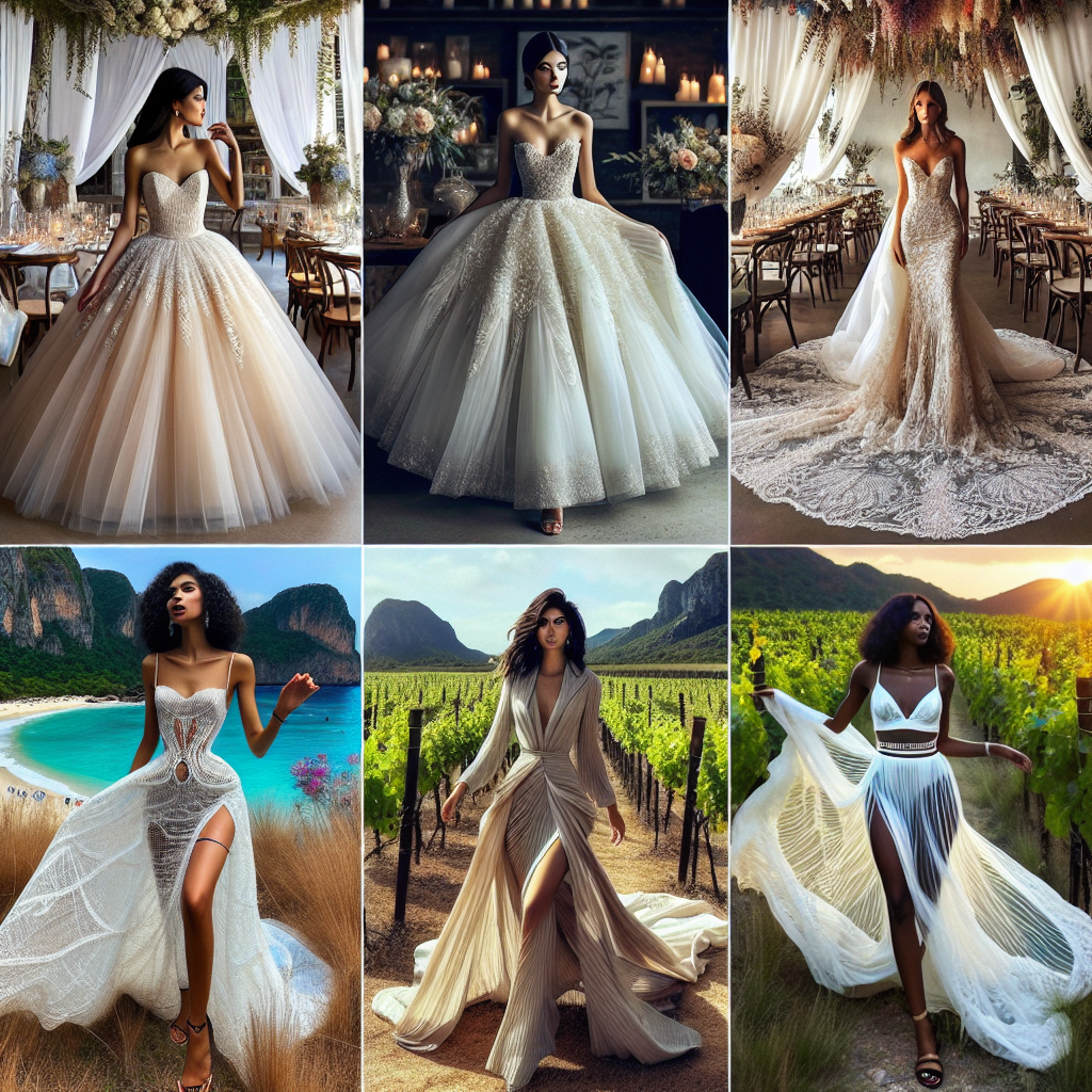 Must-Have Dresses for Destination Weddings: Stunning Styles A mesmerizing array of must-have dresses for destination weddings. Scenario 1: A captivating South Asian woman presenting an exquisite tulle ball gown with intricate beading, perfect for a beach wedding. Scenario 2: A charismatic Hispanic woman showcasing an elegant lacy mermaid dress, ideal for a vineyard celebration. Scenario 3: A sophisticated Black woman modelling a high-slit bohemian-inspired chiffon gown, superb for a forest nuptial. Imagine these stunning styles displayed under the respective wedding themes, surrounded by decor matching the destination scenery.