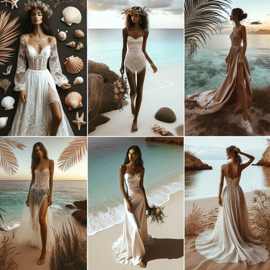 Stunning Destination Beach Wedding Dresses: Must-Have Styles An inventory of appealing destination beach wedding dresses, showcasing some essential styles. The first is a bohemian lace dress, complete with a floral crown, worn by a South Asian bride standing near the crystal-clear sea. The second is a simple, sleek silk sheath dress, donned by a Black bride with an ocean backdrop. Lastly, a flowing chiffon gown featuring an off-the-shoulder style, worn by a Hispanic bride on a sandy beach as the sun sets. Also, elements like shells, sand, palm leaves are present for added tropical vibe.