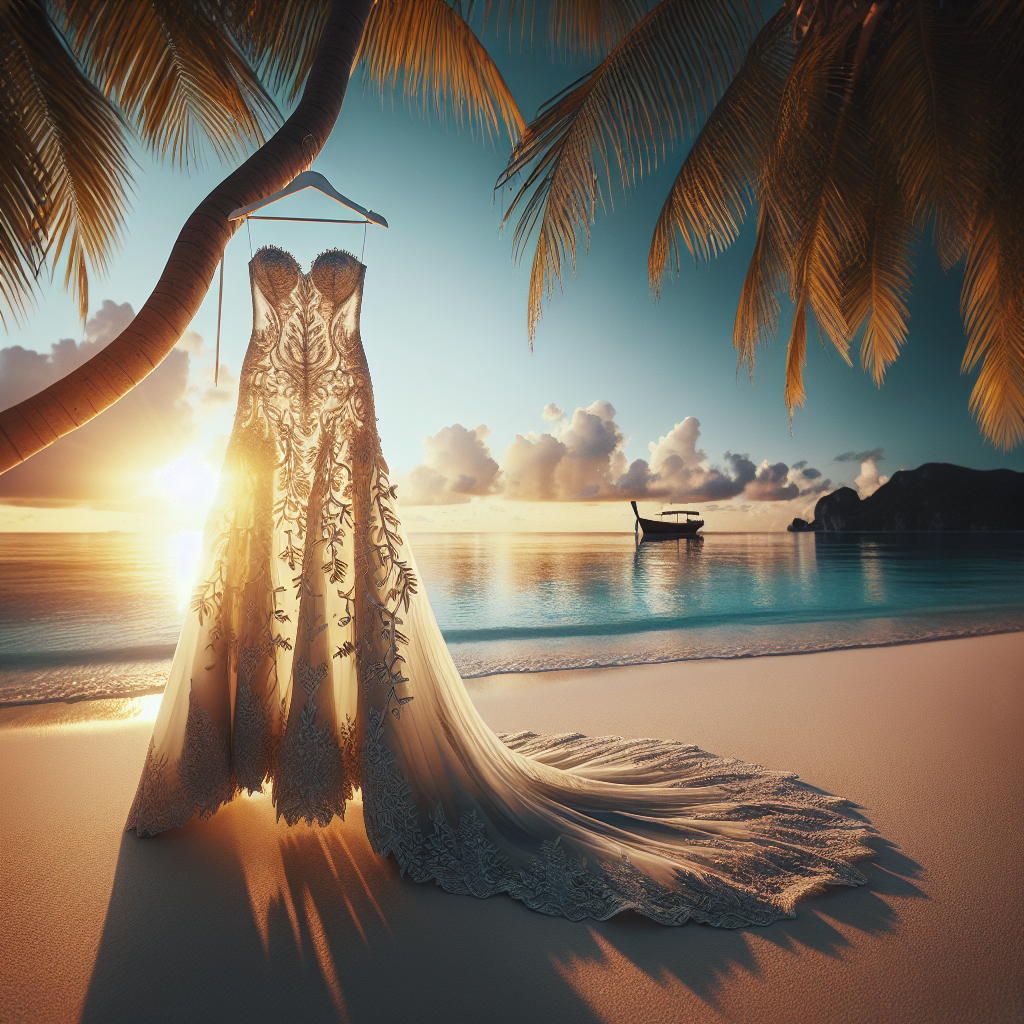 Imagine a very detailed setting of a destination wedding. There's a backdrop of a breathtaking beach at sundown, with the sun casting a golden light on the turquoise waters. In the foreground, stands the focus of the image - a stunning gown. It's a beautiful, detailed dress fit for a fairy-tale wedding. The dress is exquisitely designed with intricate lacework and features an elegant train, paired uniquely with a touch of subtleness suitable for a beach wedding. It's almost as if this dress, hanging elegantly from a palm tree in a gentle sea breeze, has been part of a dream.