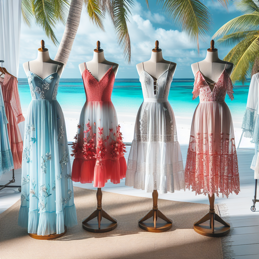 Must-Have Tropical Destination Wedding Guest Dresses A collection of tropical destination wedding guest dresses showcased on mannequins. The first dress is an airy, sky-blue maxi, embellished with subtle floral designs. The second dress is a vibrant, coral pink knee-length ensemble with refined frills, perfect for a relaxed beach vibe. The third showcases a white lace sundress with a bohemian touch. All dresses are made from lightweight materials suitable for tropical climates. Set against a backdrop of palm trees, sandy beaches and turquoise seas, bringing the tropical ambiance into the spotlight.