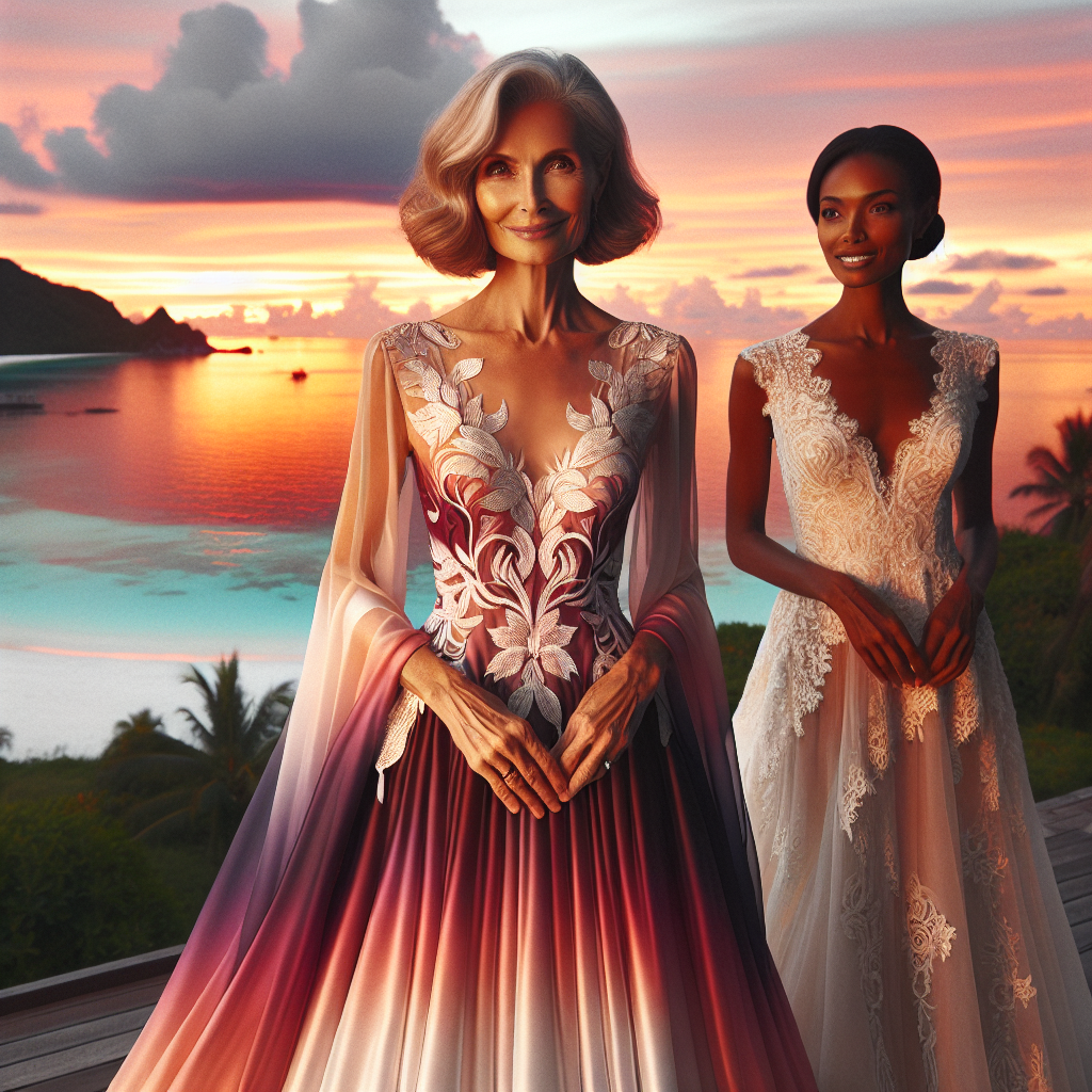 Stunning Mother of the Bride Dresses for Destination Weddings Imagine a panoramic tropical landscape with the sun setting over the water. On the foreground, a middle-aged South Asian woman elegantly dressed in an intricately designed mother-of-the-bride dress. The dress is floor-length, made from soft silk fabric, boasting a gradient of sunset hues - from soft pinks to deeper purples. There's a touch of delicate lace at the neckline, falling in graceful drapes all the way down. To her side stands a Black woman in her early thirties, the bride, in a beautiful white beach wedding dress with vintage lace details. Both are smiling and looking towards the sunset.
