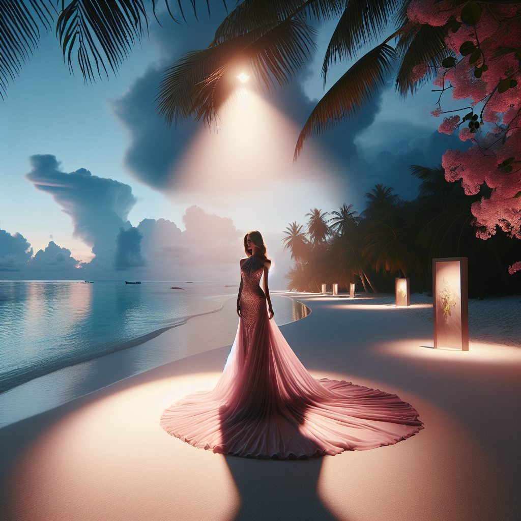 Imagine a captivating scene from an exotic beach destination wedding. The spotlight is on a breathtaking wedding dress that is the center of attention in this setting. The dress is a beautiful, stunning pink tone, accentuating the festive and romantic vibe of the occasion. This wedding dress is in a sophisticated maxi silhouette that touches the sand, moving gently with the ocean breeze. The dress features a halter neckline, adding an alluring touch to the outfit. In the background, include the soft murmur of the ocean waves, the whispering wind, and the tropical flora swaying gently.